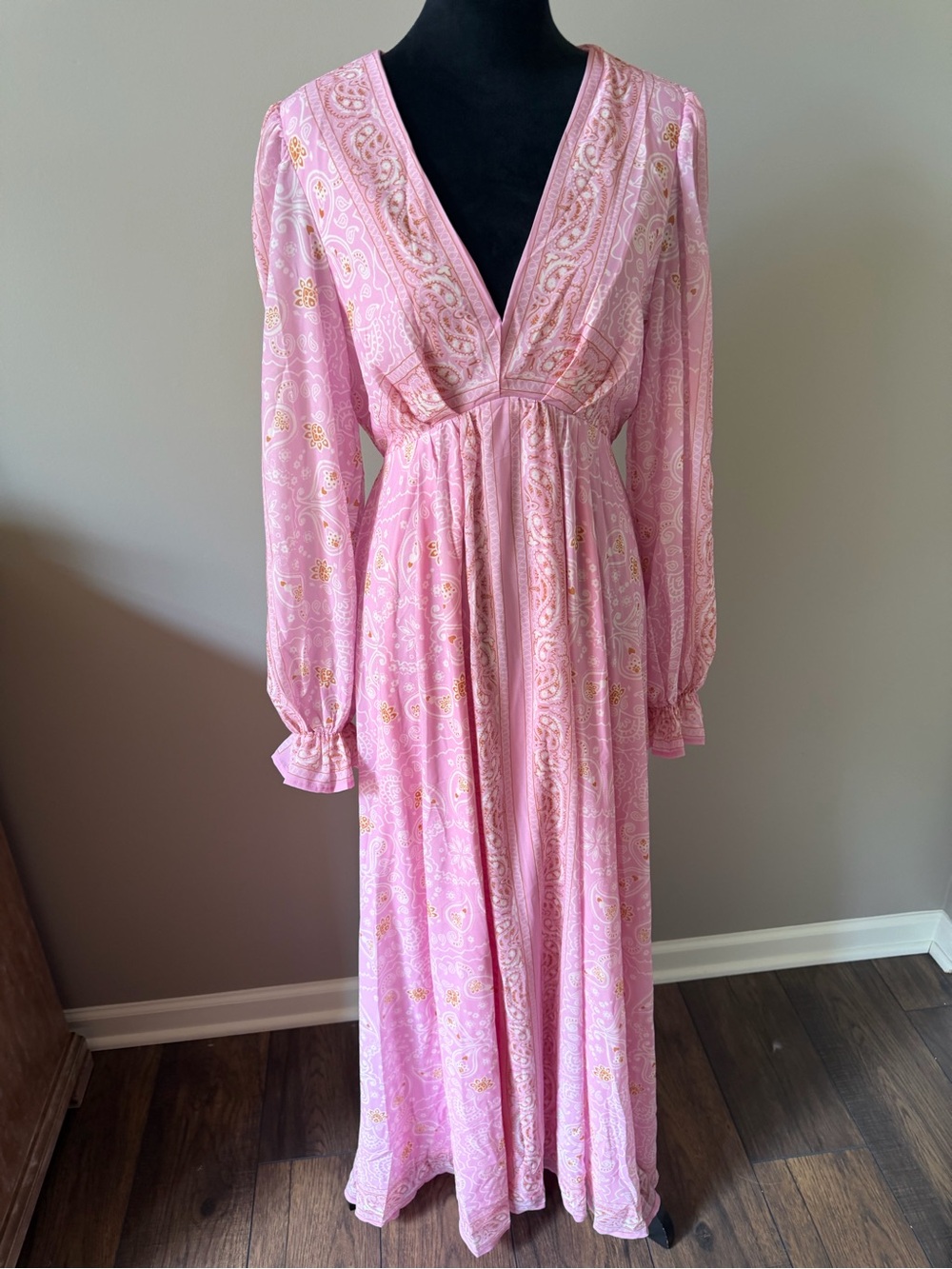 Flying Tomato Pink Paisley V-Neck Long Sleeve Maxi Dress Large